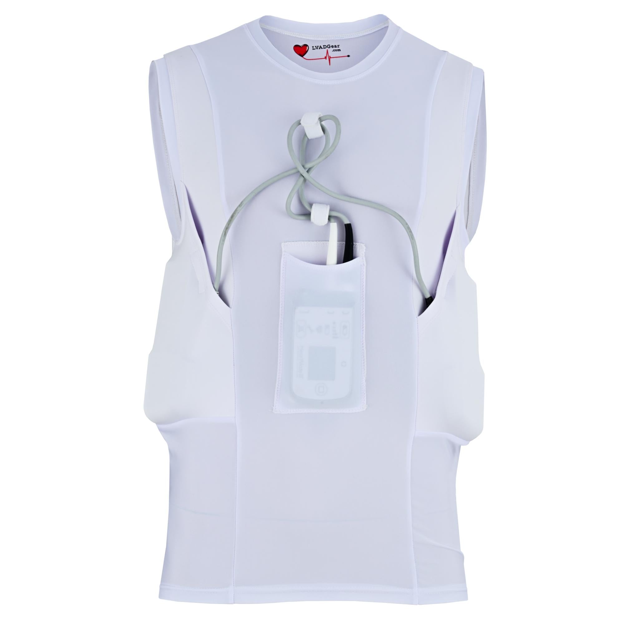Men’s LVAD Tank Top in White with elastic support, secure controller pocket, and discreet fit for HeartMate 2 & 3.